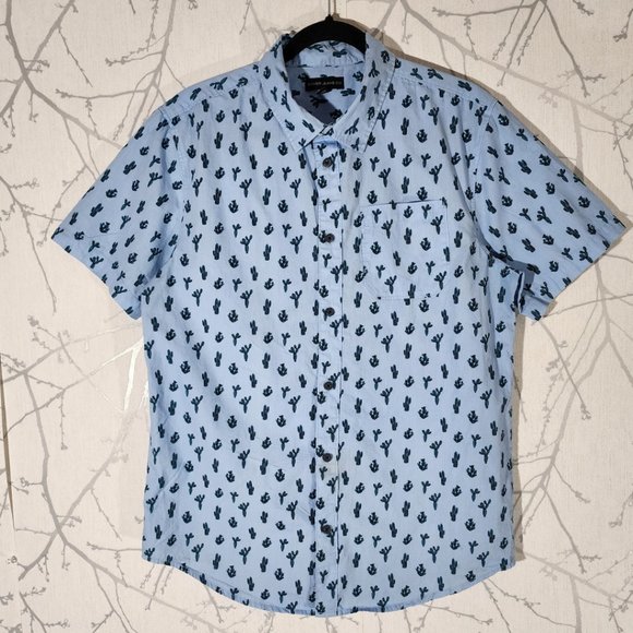 Silver Blue Cactus Printed Cotton Short Sleeve Shirt - Picture 1 of 4